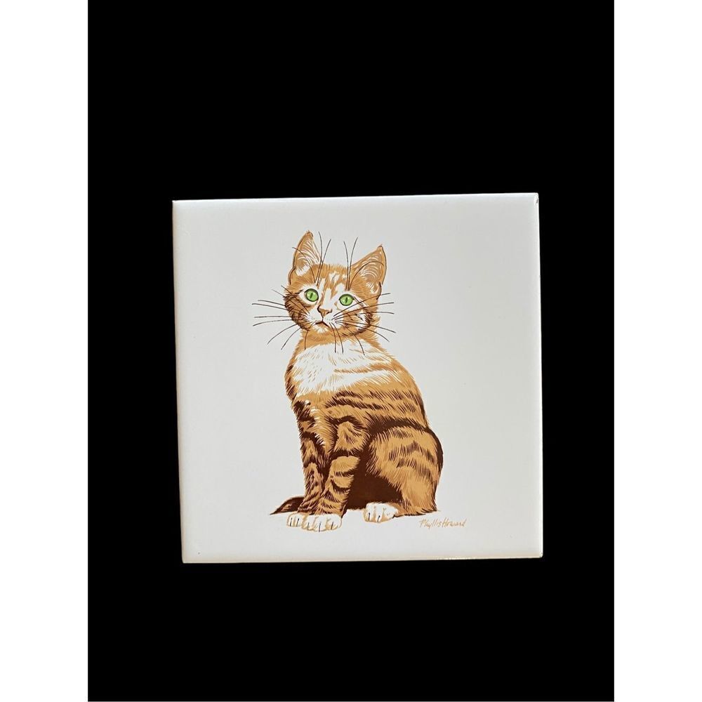 VINTAGE Screen Craft Phyllis Howard orange cat tile trivet